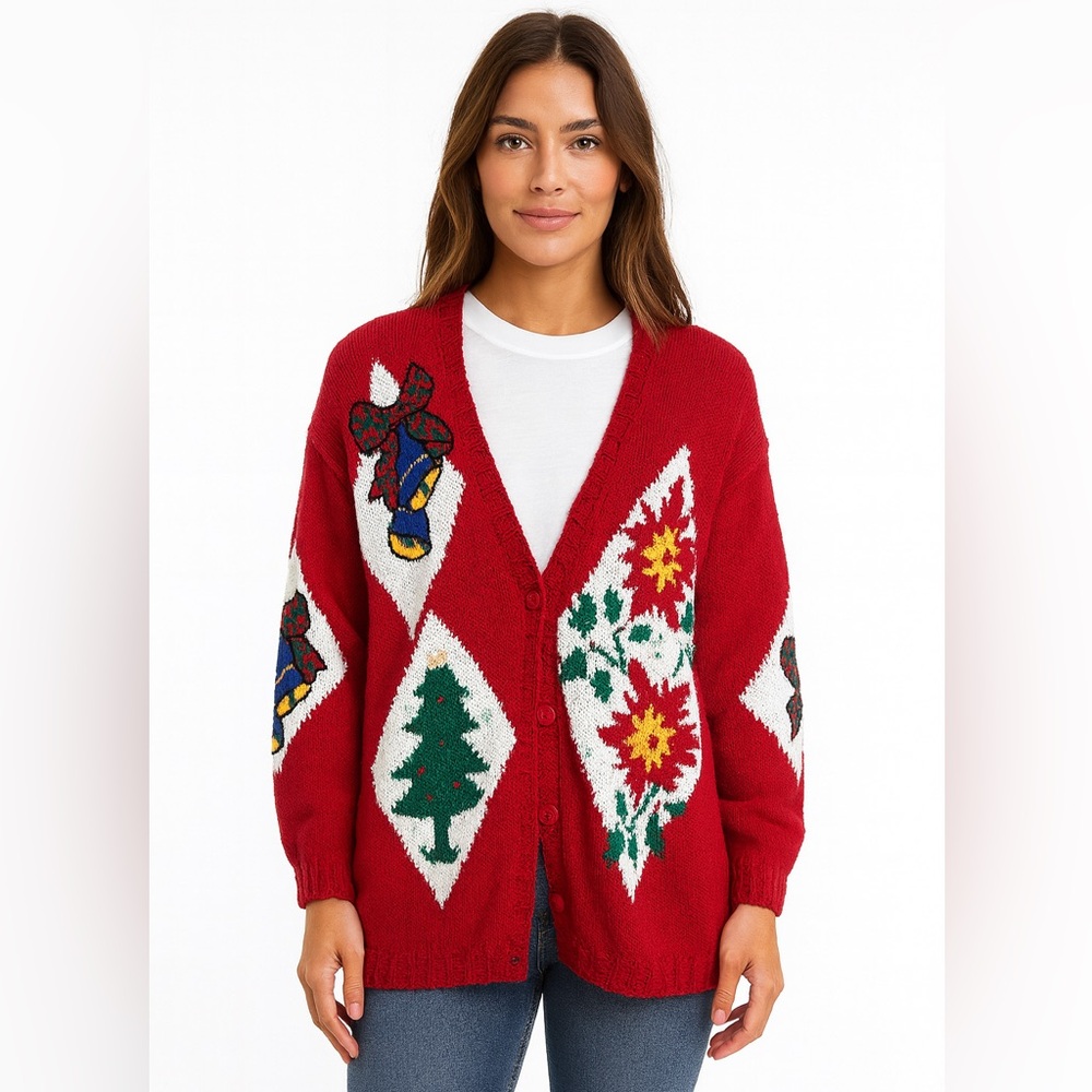 IZOD Vintage Size XL Oversized Chunky Red Christmas Holiday Cardigan Sweater